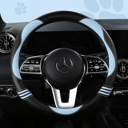Car Steering Wheel Covers for Women Girl Padded Carbon Fiber PU Leather Cute Cartoon Auto Interior Accessories for Jeep, Truck, Universal, Anti Slip, Blue, Large Size 15.5-16"(39-41cm)