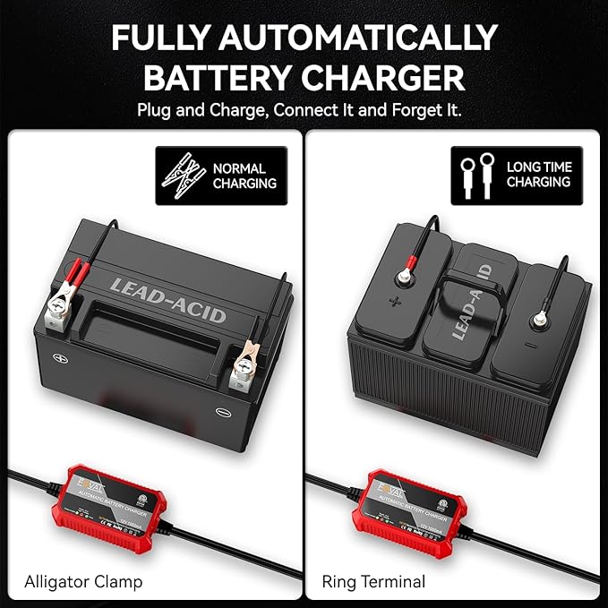 [2-Pack] FOVAL Fully Automatic Trickle Charger, 1000mA 12V Smart car Battery Charger, Battery Maintainer, Float Charger for Motorcycle Car Lawn Mower Boat SLA ATV Wet Gel Cell Lead Acid Batteries