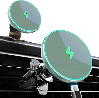 MOKPR for Magsafe Car Mount Charger-15W Wireless Car Charger-Magnetic Car Phone Holder for Dash Air Vent-LED RGB HandsFree Car Mount Fast Car Charger for iPhone 14/13/12 Series,Green