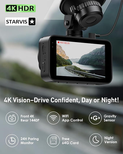 Dash Cam Front and Rear,4K+2K Dash Camera for Cars with STARVIS Sensor,Built in 5GHz Wi-Fi, Free 64GB Card Included, Dual Dashbord Dashcam,Night Vision,Emergency Lock, Parking Mode