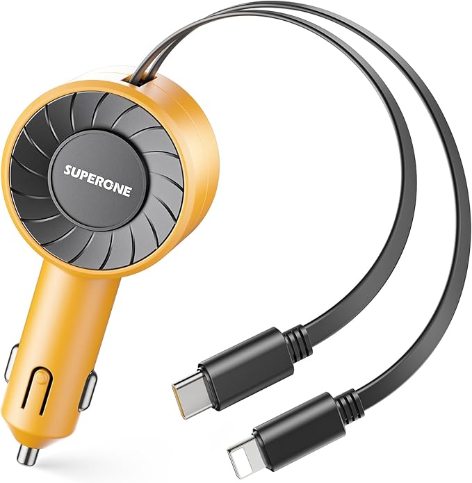 SUPERONE 3-in-1 Car Charger with Retractable Cords, USB C Charger Car Adapter Compatible with iPhone 16/15/14/13/12/11 Pro Max Samsung Android Phones