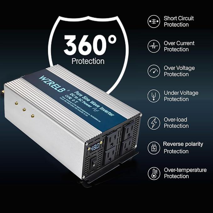WZRELB 1800W Pure Sine Wave Inverter 48V DC to 110V 120V AC,Car Power Inverter with 4 AC Outlets, LED Display,Off-Grid Portable Power Converter for Home, RV, Truck, Camping