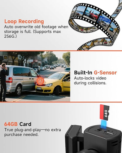 3 Channel Dash Cam, Dash Camera 2.5K Front and Dual 1080P Inside/Rear with 64GB Card, Wi-Fi Dash Cam Front and Rear, Night Vision, G-Sensor, 24H Parking, Loop Recording, 1.97”IPS, Support 256GB