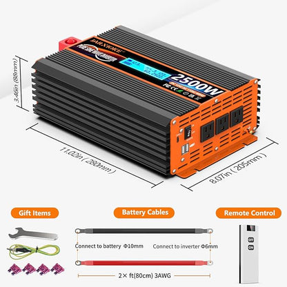 2500 Watt Pure Sine Wave Power Inverter 12V DC to 110V 120V Converter for Family RV Off Grid Solar System Car with Type-C Ports 3 AC Power Outlets Dual USB Ports LCD Display Wireless Remote Control