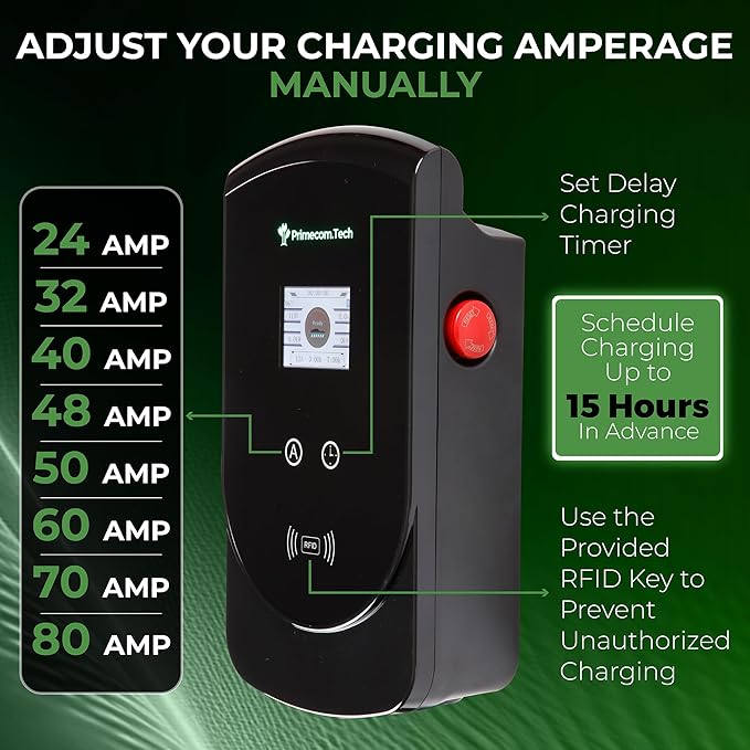 PRIMECOM 80 Amp 22KW 220Volt Level-2 18ft to 50ft Cord Lengths 20X Fast Smart Electric Vehicle EV Charging Station Ford Transit F-150 Lightning Lucid Air Polestar TeslaXS Taycan (25 Feet)