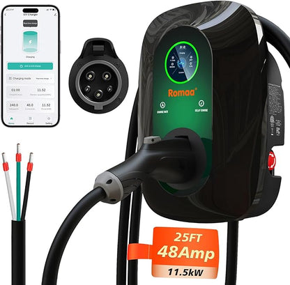 Level 2 EV Charger, 48 Amp 240V Hardwired Fast Charging, Smart WiFi Control, Adjustable Current, Delay Timer, 25ft Cable, J1772 Charger, EV Chargers for Home Level 2, LCD Display, Black