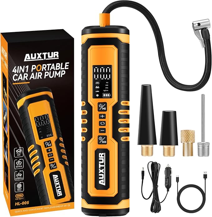 Cordless Tire Inflator for Car with 3 Light Modes and Automotive Power Cords, Electric Air Pump(Type-C) (150PSI)(6000mah Battery), Digital Air Compressor for Motorcycle, Bike, Truck and Ball