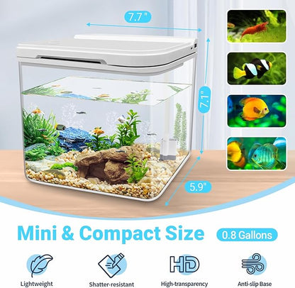 0.8 Gallon Small Fish Tank Kit, Aquarium Starter Kit with Super-Quiet Water Pump, Rain Filtration, Self Cleaning Filtration, LED Light, Easy Changing Water (White)