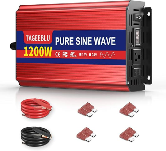 1200W Pure Sine Wave Inverter, 12V DC to 110V/120V AC Power Inverter for RV、Off Grid、Truck、with 2 AC outlets and LCD Display