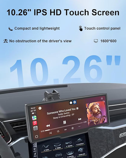 Portable Carplay Screen 10.26'' HD IPS Apple Carplay & Android Auto Screen for Car, Wireless Car Play Stereo with 4K Dash Cam/1080P Rear Camera, Car Audio Receivers,GPS Navigation,Mirror Link,FM,Siri