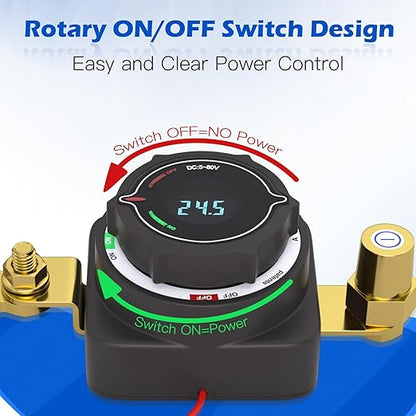 MaySpare Top Post Battery Disconnect Switch with Digital Voltage Display, DC 5-80V On Off Kill Switch, Voltmeter Power Cut Master Disconnect Isolator for Car RV Marine Boat Camper Truck Trailer