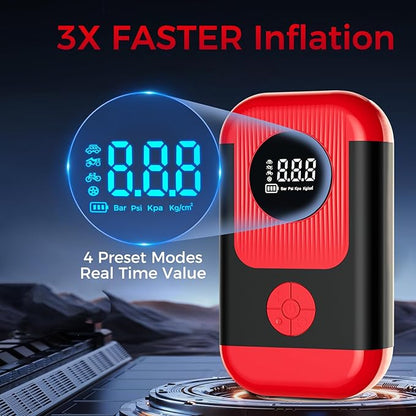 Tire Inflator Portable Air Compressor & Car Jump Starter, Cordless Air Pump with LED Light & Pressure Gauge for Auto,Motorcycles,Bikes,Balls, Emergency Battery Booster & Phone Charger,150PSI