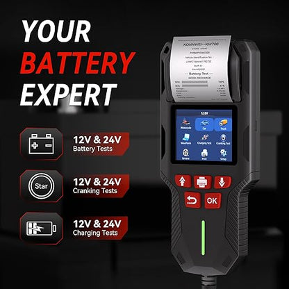KONNWEI Car Battery Tester with Printer, Automotive 12V 24V Battery Load Tester Cranking and Charging Test 10-2000CCA Battery Analyzer Alternator Tester for Car Truck Motorcycle (Paper Included)
