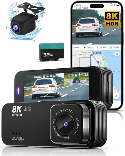 Dash Cam Front and Rear, 8K/2.5K UHD Dash Camera for Cars, Dash cam with 32GB Card, Built-in Wi-Fi & GPS, 3.16”IPS Screen, Night Vision, 170°Wide Angle, WDR, 24H Parking Mode