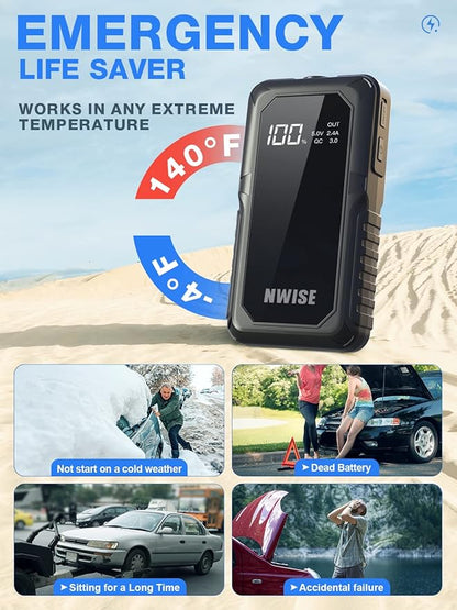 NWISE Car Jump Starter, 2000A Peak 20000mAh Portable Battery Starter with Smart Safety Jumper Clamps,12V Jump Boxes with Dual USB Quick Charge 3.0, LED Light