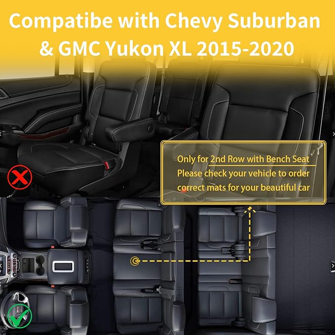 GINOWY-Floor Mats & Cargo Liner for Chevy Suburban/GMC Yukon XL 2015-2020 (2nd Row with Bench Seat), TPE All Weather Suburban Car Mats, Custom Non-Slip Trunk Mat Liners Suburban Accessories Black
