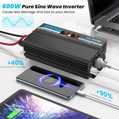 600W Power Inverter Pure Sine Wave Inverter 12V DC to 120V AC Converter for Car, Truck, Home, Vehicles, Laptop, Car Inverter 12V to 110V with 2 AC Outlets, 2 USB Ports, LCD Display