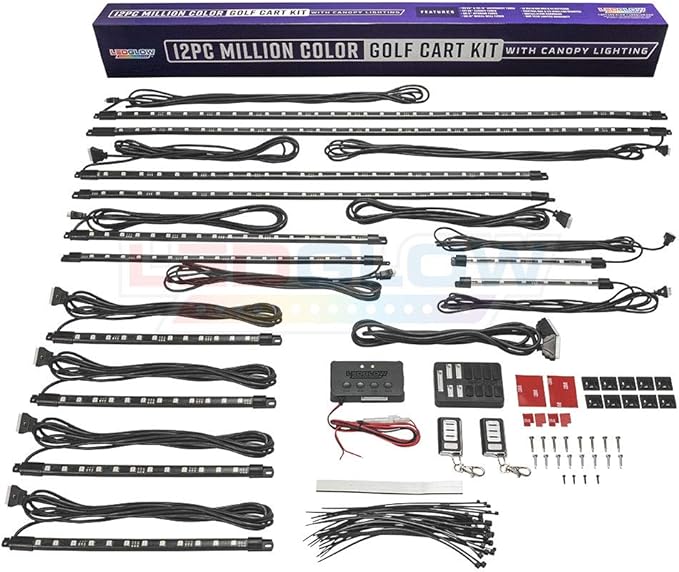 LEDGlow 12pc Million Color LED 4-Seater Golf Cart Underglow Neon Kit with Canopy, Wheel Well & Interior Lights Fits EZGO, Yamaha, Club Car, ICON, Evolution, Tomblerin, Star EV - for 12-Volt Battery