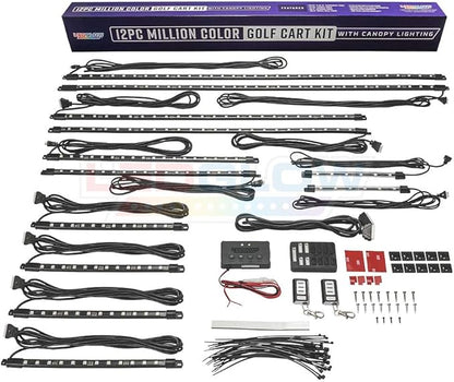 LEDGlow 12pc Million Color LED 4-Seater Golf Cart Underglow Neon Kit with Canopy, Wheel Well & Interior Lights Fits EZGO, Yamaha, Club Car, ICON, Evolution, Tomblerin, Star EV - for 12-Volt Battery