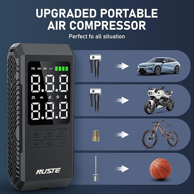 Tire Inflator Portable Air Compressor, Air Pump for Car Tires with Digital Pressure Gauge, 150PSI Rechargeable Battery, LED Light, Cordless Bike Tire Pump for Car, Motorcycle, Bicycle