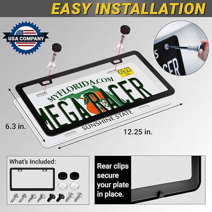 Premium Slim Matte Black License Plate Frame – 1 Pack, Rust-Free Stainless Steel & Rattle-Free, Street Legal, Universal with Screw Covers, Thin Edged Metal Front or Rear Car Tag Holder for Men & Women