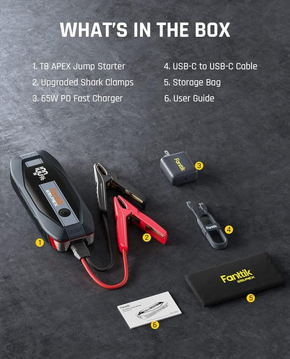 Fanttik T8 APEX 2000 Amp Jump Starter, 20000mAh Car Battery Pack for Up to 8.5L Gasoline and 6L Diesel Engines with LED Display, 65W PD Fast Charger,12V Extreme Safe Lithium Portable Jump Starter