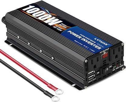 LVYUAN 1000 Watt Pure Sine Wave Power Inverter 12V to 110V/120V DC to AC Converter with Dual Sockets, Dual USB Ports, LED Display for Home Outdoor RV Car Power Inverter Power Adapter