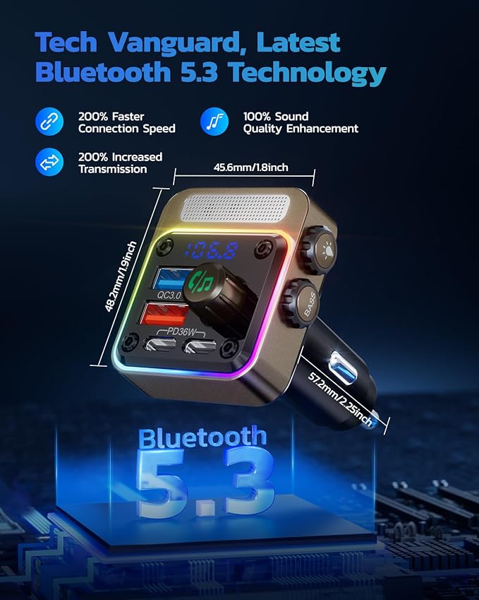 Nulaxy 54W Bluetooth 5.3 Car Adapter with 4 Charging Ports [PD 36W & QC3.0 18W], Wireless Radio FM Transmitter with Deep Bass Player & 5 Colors LED Backlit, Hands-Free Calling - Gold