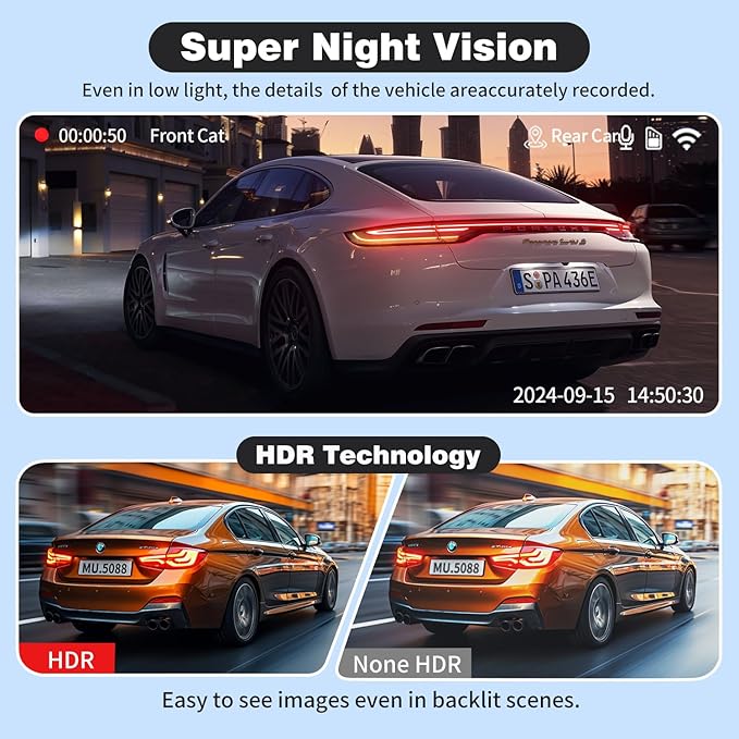 Dash Cam Front and Rear, UHD 4K Night Vision Dash Camera for Car with 3.2'' IPS Screen, 30FPS Dashcam Built-in GPS with App Control, 24H Parking Mode, G-Sensor