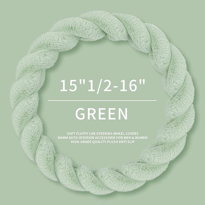 Luxury Fluffy Winter Car Steering Wheel Cover for Women Soft Warm Cute Auto Accessories for Jeep, Truck, Van, F150, Universal, Fuzzy, Anti Slip, Green, Large Size, 15.2-16in