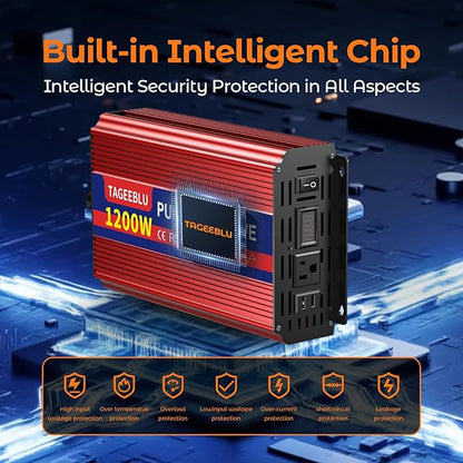 1200W Pure Sine Wave Inverter, 12V DC to 110V/120V AC Power Inverter for RV、Off Grid、Truck、with 2 AC outlets and LCD Display