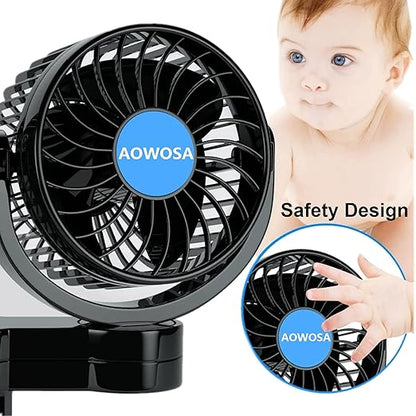 Car Fan for Backseat Auto 12V Electric Cooling Fan Portable Car Seat Headrest for Sedan SUV RV Boat, with 360° Rotatable Dual Head, Stepless Speed Regulation, Cigarette Lighter Plug