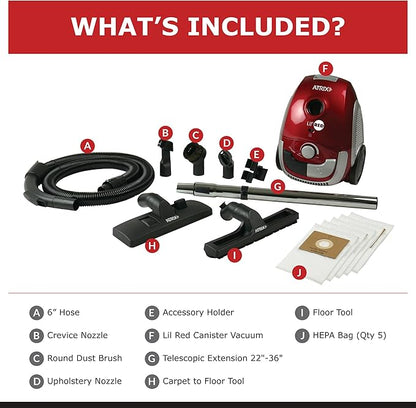 Atrix Red Lil Portable Canister Vacuum Cleaner with 2-Quart HEPA Filter & Variable Speed Motor – Premium Bundle for Home & Carpet Cleaning, Includes Accessories