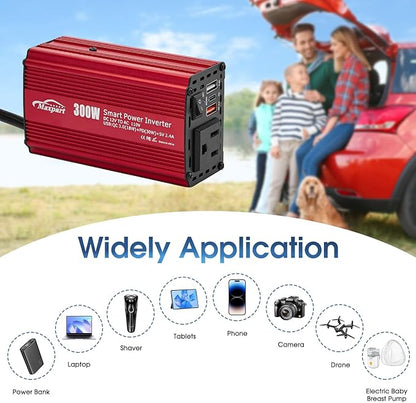 300W Car Power Inverter,12V DC to 110V AC Inverter Converter for Vehicles, PD (Type-C) QC3.0 and 2.4A USB Car Adapter with Cigarette Lighter Ports for Smartphones Laptops Tablets