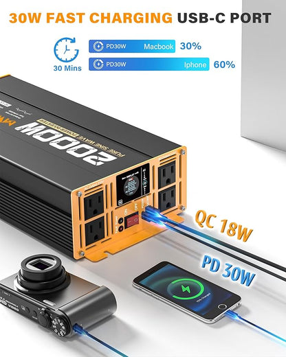 2000W Pure Sine Wave Inverter 12V DC to 110V 120V AC Car Converter for RV Truck Off-Grid Solar Power Inverter with 4 AC Outlets, USB/Type-C Fast Charging Ports, LCD Display, Remote Control