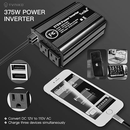 375W/750W(Peak) car Power Inverter 12V to 110V dc to ac with Cigarette Lighter inverters for Vehicles car Camping Truck Trailer with 2 USB outlets-375W