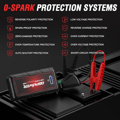 DBPOWER Jump Starter 2500A Peak 74Wh Portable Car Jump Starter (Up to 10L Gas/8L Diesel Engine) 12V Auto Battery Booster Pack with Smart Clamp Cables, Quick Charger, LED Light Jump Box