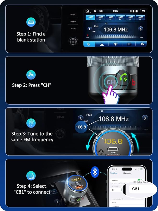 LENCENT Car FM Transmitter, Wireless Bluetooth 5.1 Radio Adapter Car Kit with Big Button, Type C PD 20W and QC3.0 18W Car Fast Charger, Bass Lossless Hi-Fi Sound Music Streaming, Wireless Call