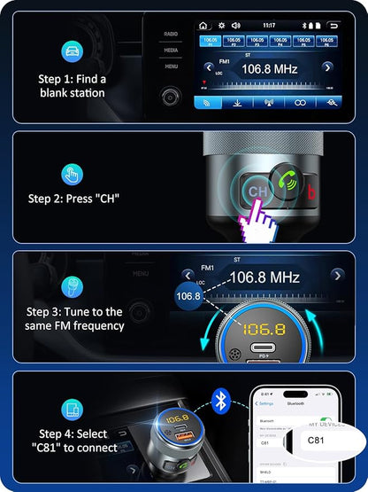 LENCENT Car FM Transmitter, Wireless Bluetooth 5.1 Radio Adapter Car Kit with Big Button, Type C PD 20W and QC3.0 18W Car Fast Charger, Bass Lossless Hi-Fi Sound Music Streaming, Wireless Call