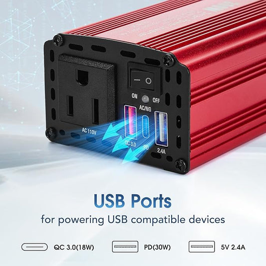 300W Car Power Inverter,12V DC to 110V AC Inverter Converter for Vehicles, PD (Type-C) QC3.0 and 2.4A USB Car Adapter with Cigarette Lighter Ports for Smartphones Laptops Tablets