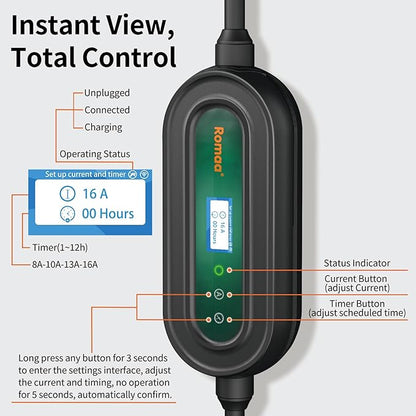 Level 1&2 Portable EV Charger (APP Control & Timer), Adjustable 8-16A 110V-240V, Dual Plugs: NEMA 6-20 & 5-15, 25FT Charging Cable w/ J1772 Connector, ETL/FCC Certified for All EVs/PHEVs