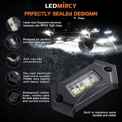 White Rock Lights,LEDMIRCY R3 Pure White LED Rock Lights Kit 16PCS with Switch Wire Harness for Trucks Off Road ATV UTV SUV RZR High Power Under Body Light Waterproof Shockproof Trail Rig Light