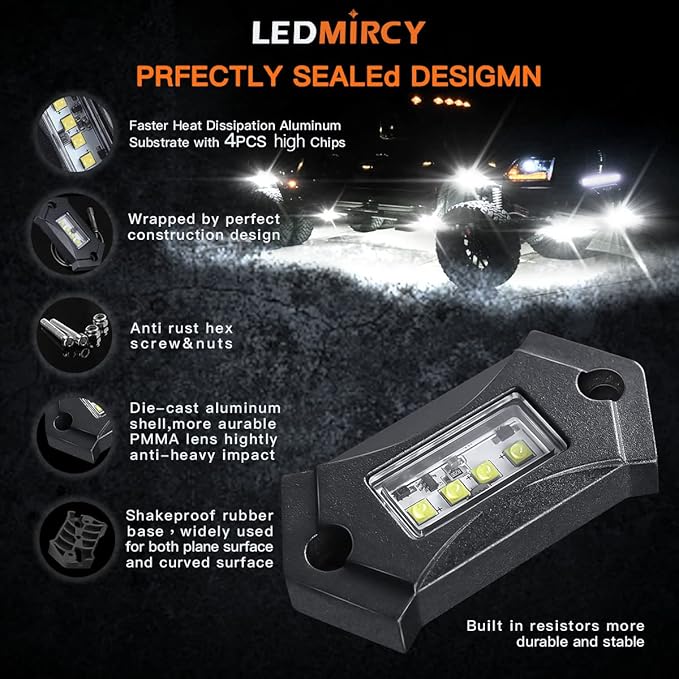R3 White LED Rock Lights Kit 12PCS with Switch Wire Harness for ATV UTV SUV Off Road RZR Trucks Underglow Pure White Lights Trail Rig Lights Under Body High Power Waterproof Shockproof Light