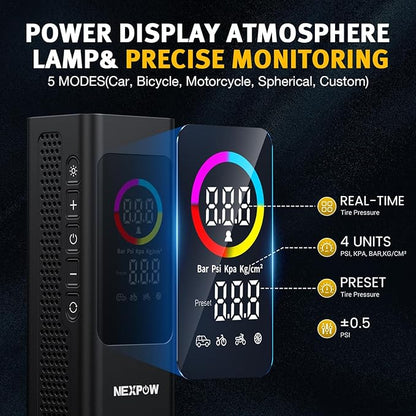 NEXPOW 150 PSI Tire Inflator Portable Air Compressor, 12000mAh Battery Auto Shut-Off Air Pump for Car Tires, Fast Inflation Dual LCD Display Tire Pump, Pocket Air Pump for Bike, Motorcycle, Ball, Car