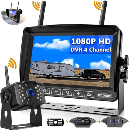 Wireless RV Backup Camera, DOUXURY IP69 Waterproof 170° Wide View Angle HD 1080P Rear View Camera + HD LCD 7" Monitor, Digital Wireless Camera System for RV Truck 5th Wheel Trailer Pickup Camper Bus