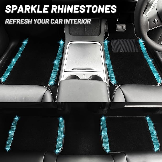 NBTEPEM Aquamrine Bling Car Floor Mats Full Set, Universal Fit Most Cars,SUV, Trucks, 4 pcs Sparkle Glitter Diamond Carpet for Women Girls with Anti-Slip Pad (Aquamrine Diamond)