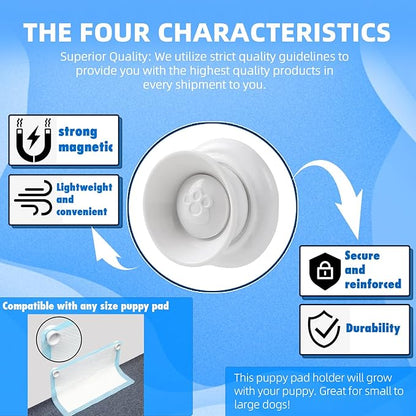 (4-Pack) Potty Training Pad Magnetic Holder Compatible with Any Size of Puppy Pee Pads Perfect for Leg-Lifting Marking Dogs, Strong Magnets Will Stick on Most Flat Surfaces - White Paw