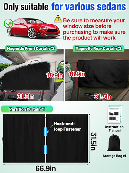 Set of 5 Car Privacy Curtains for Sedan- 4 Magnetic 31.5*18.9in Side Car Window Curtains & 1 Rear Seat Divider Curtain with Storage Bag, Baby Shades Screen Sun Covers for Camping Travel Nap Sleeping