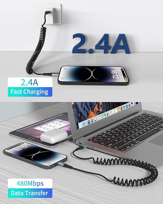 Coiled Lightning Cable, 2 Pack Retractable iPhone Charger Cord for Car, USB to Lightning Cable Fast Charging Compatible with iPhone 14 13 12 11 Pro Max Mini 10 8 Plus XR SE, AirPods