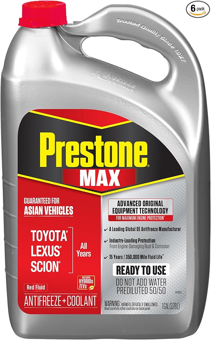 Prestone AF6210 MAX Asian Vehicles (Red) Anti-Freeze and Coolant, 1 Gallon, Pack of 6